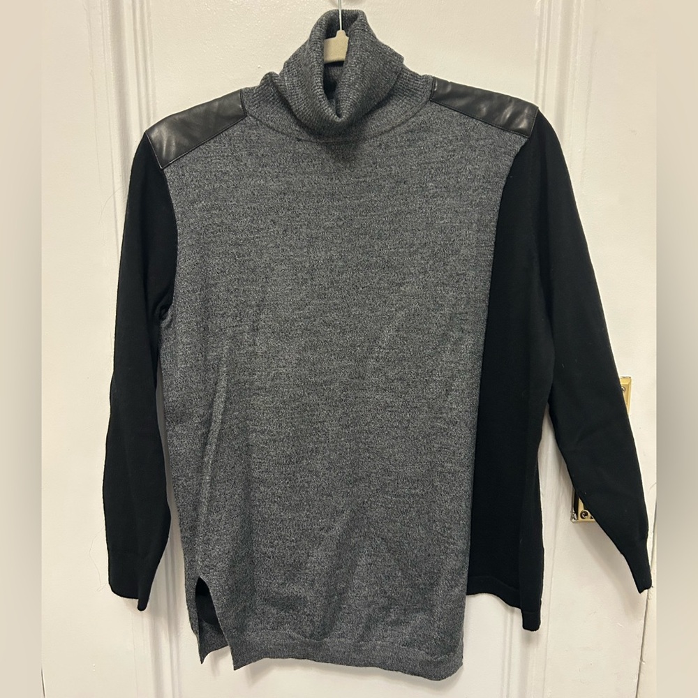 KAREN MILLEN Gray and Black Woman’s Sweater, Leather Accent at Shoulders